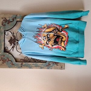 UNISEX Blazing Fire Skull Hoodie with Front Pocket Sweatshirt Size Small. NWOT